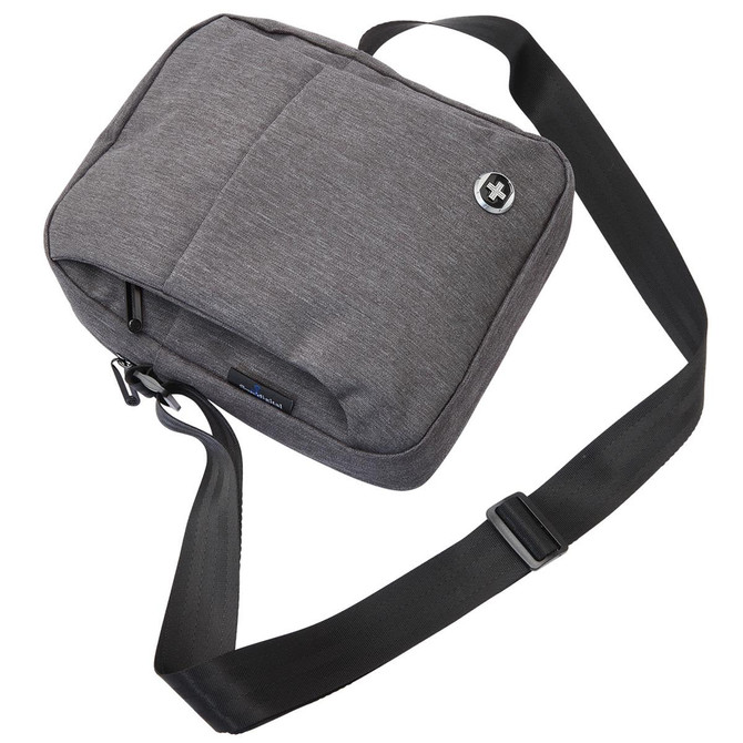 A grey shoulder bag with a shoulder strap and a logo, featuring a zippered compartment.