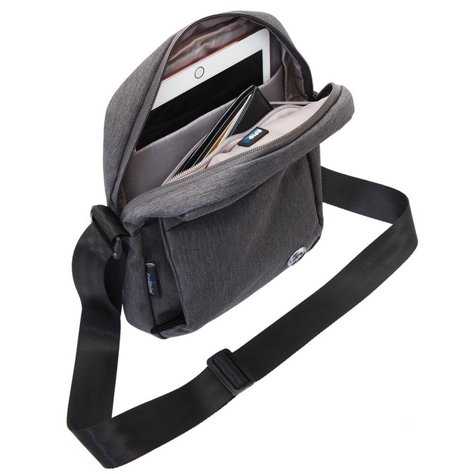 A grey shoulder bag with an open flap, featuring compartments for a tablet and accessories. It has a logo.