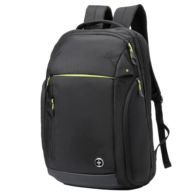 A black backpack with yellow accents, featuring multiple zippered compartments and a logo.