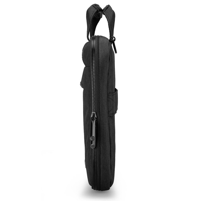 A black laptop sleeve with a zip closure and a side pocket, featuring a sleek and minimalistic design.