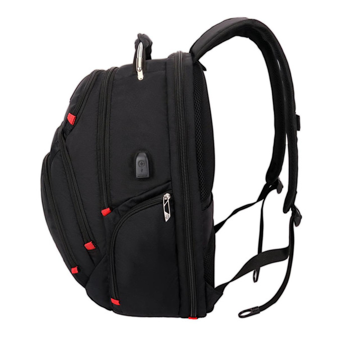 A black backpack with red accents, featuring multiple compartments and adjustable straps. It includes a branding logo.