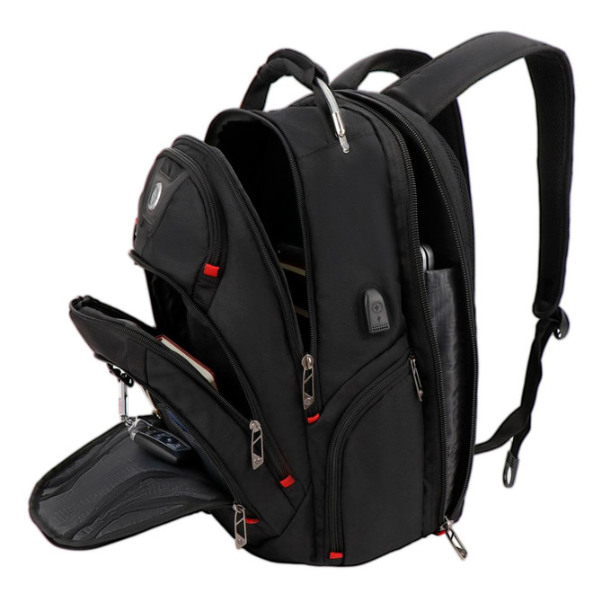 A black Swissdigital Pixel Backpack with multiple compartments and zippers, featuring an integrated logo.