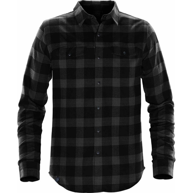 Black and grey checkered button-up shirt with a snap front and two chest pockets. Features a logo.