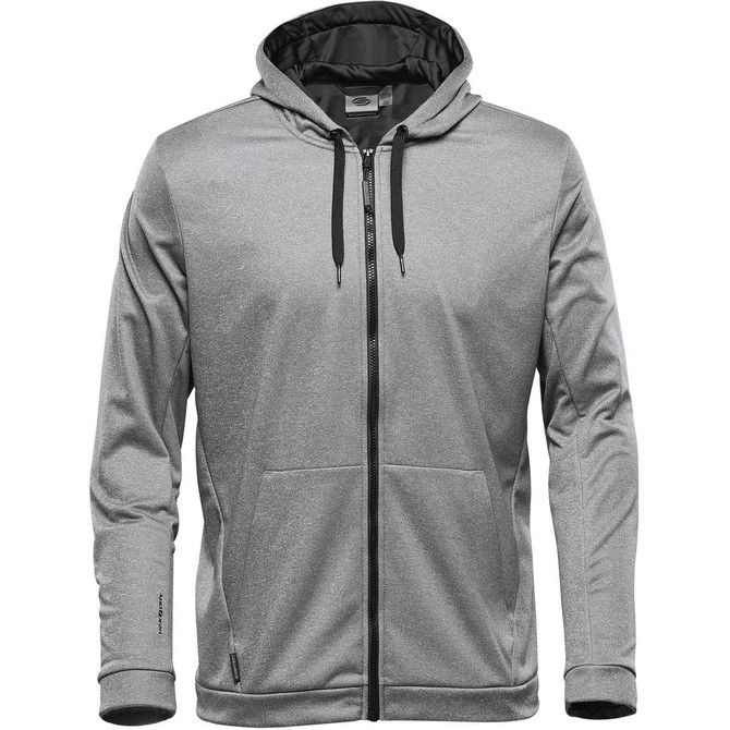 A men's grey Halifax hoody with a zip front and a black interior, featuring a logo on the sleeve.