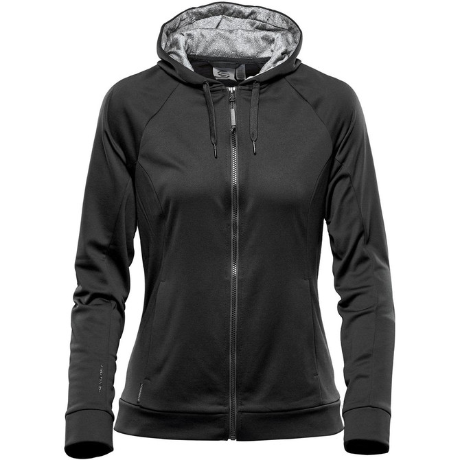 A black women's hoodie with a zip closure and a grey, patterned interior lining. It features a hood and has a logo.