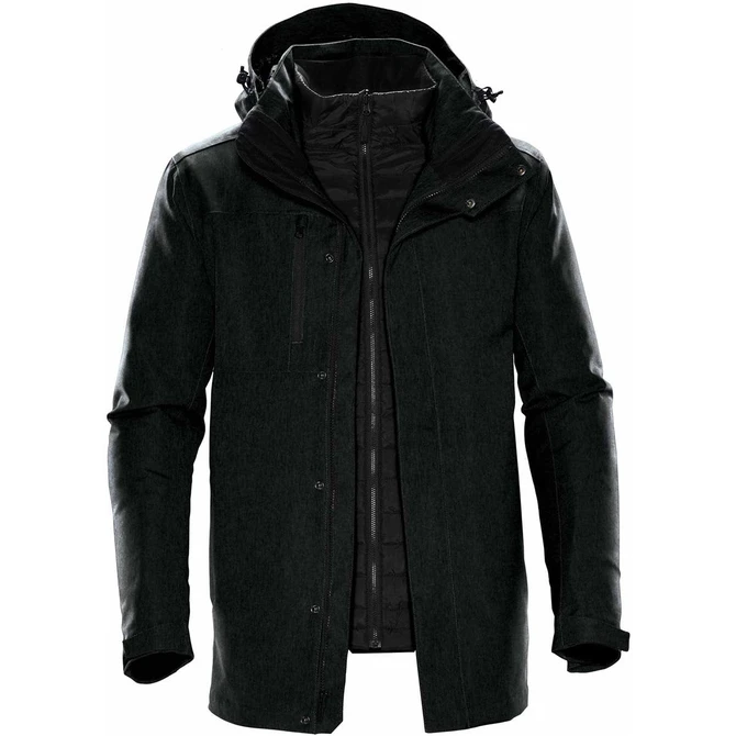 A black Men's Avalante System Jacket with a hood and multiple pockets. It features a logo on the front.