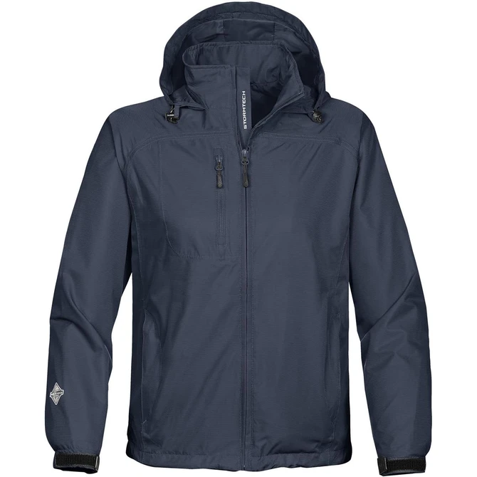 A lightweight men's rain jacket in navy blue with a hood and zippers, featuring a logo.