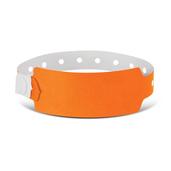 An orange plastic event wristband with a white dotted strap and a clasp, featuring a smooth surface and a logo.