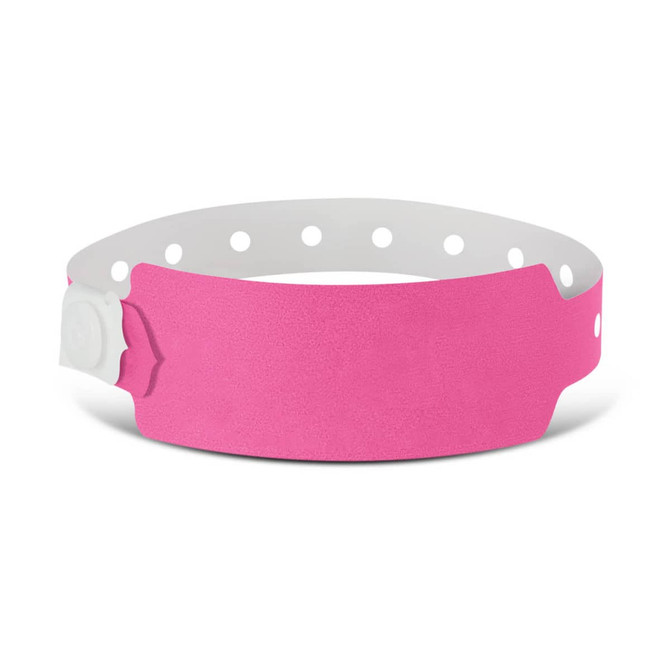 A bright pink plastic event wristband featuring a secure adjustable clasp and perforated design for comfort.