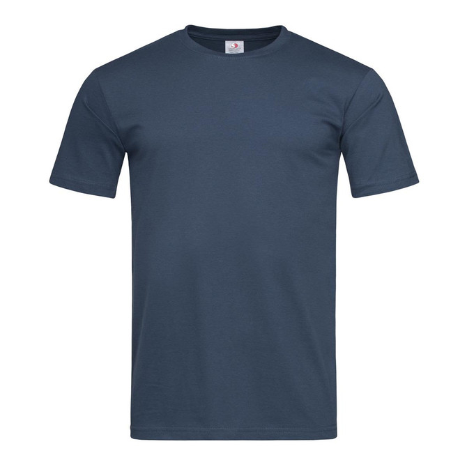 A navy blue fitted T-shirt with short sleeves and a logo on the neckline.