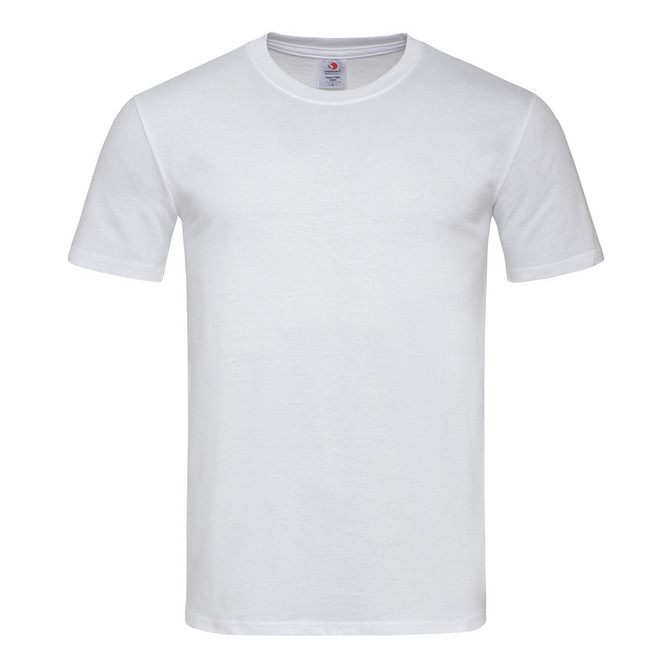 A white fitted T-shirt with short sleeves, featuring a logo on the label. Perfect for casual wear.