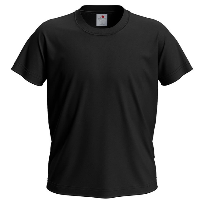 A black Junior Classic T shirt with short sleeves and a crew neck, featuring a logo on the label.