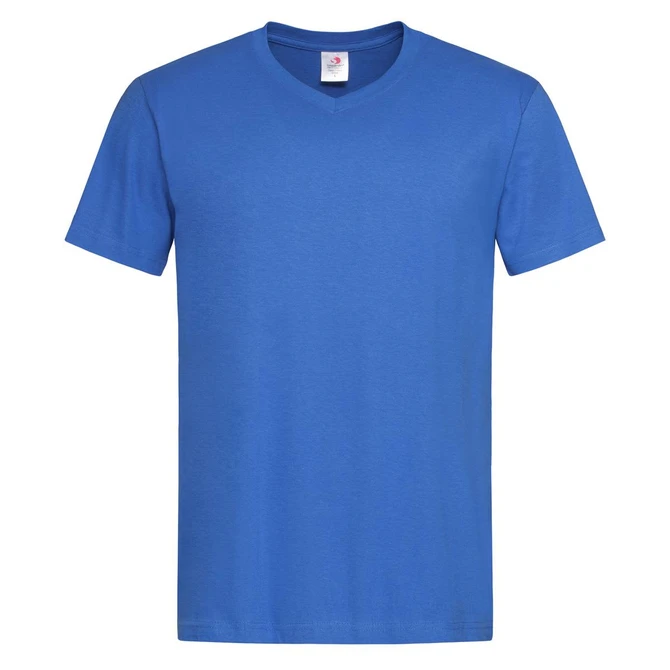 A blue men's classic V-neck T-shirt, featuring a simple design and a logo on the label.