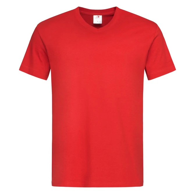A red men's classic V-neck T-shirt featuring a logo on the tag.