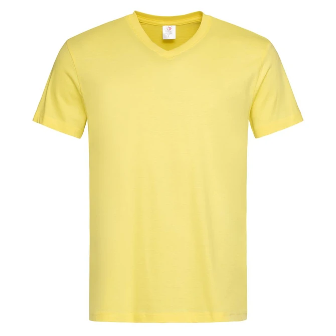 A yellow men's classic T-shirt with a V-neck and short sleeves, featuring a logo on the label.