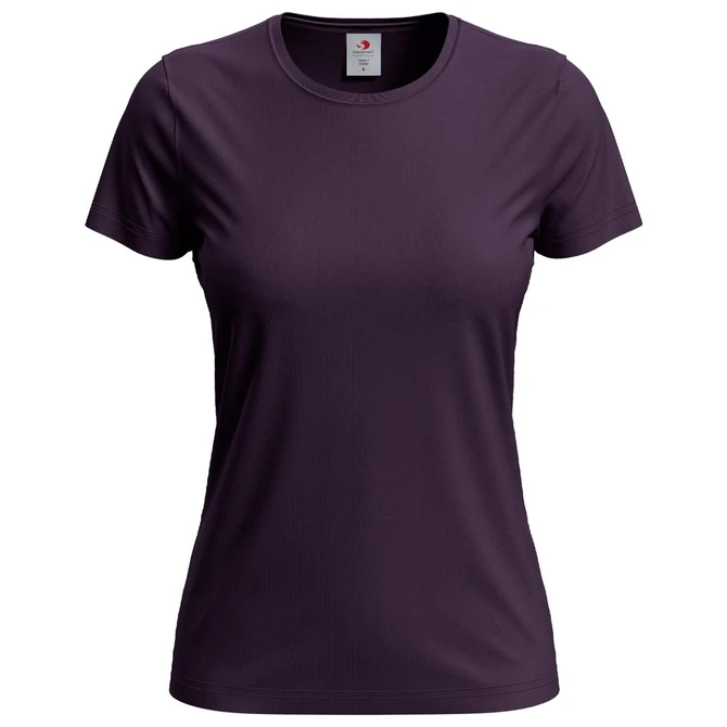A women's classic t-shirt in dark purple, featuring a round neck and short sleeves, with a logo on the label.