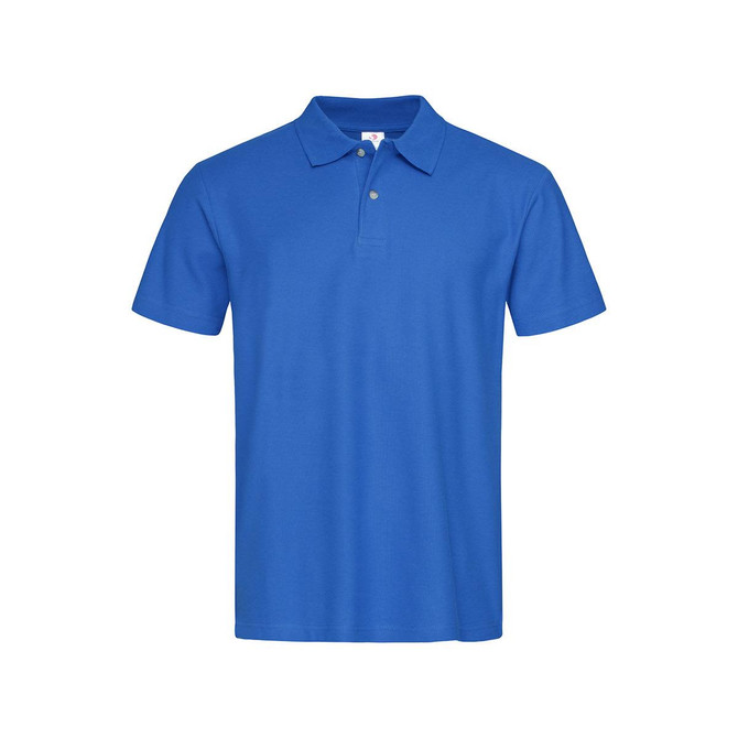 A solid blue men's heavyweight polo shirt with a classic collar and a logo on the chest.