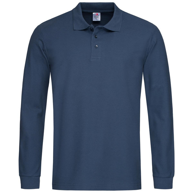 A long sleeve men's polo shirt in navy blue, featuring a collar and three buttons. Includes a logo on the chest.