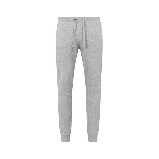 Light grey unisex sweatpants with an elastic waistband and drawstrings, featuring a logo.