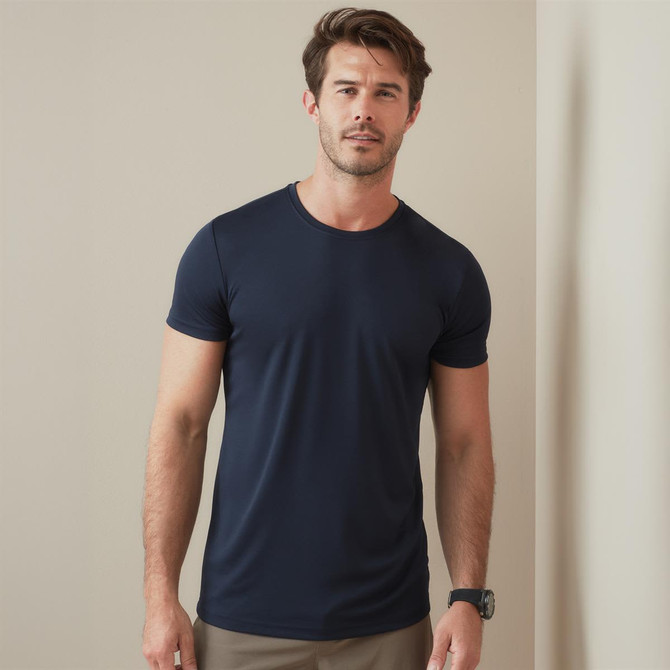 A navy blue men's active sports T-shirt with a round neckline and short sleeves, featuring a logo on the chest.