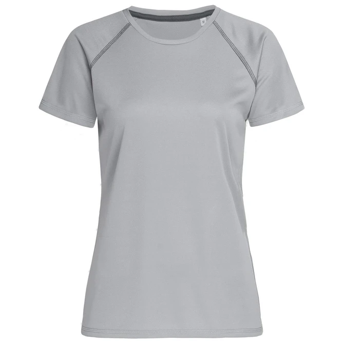 A light grey women's active t-shirt with raglan sleeves and seam detailing, featuring a logo.