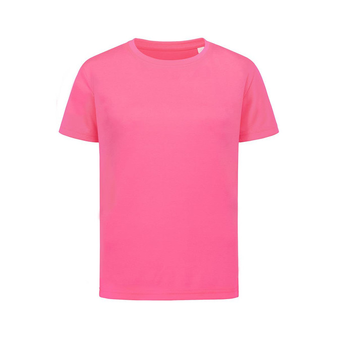 A bright pink T-shirt with short sleeves and a round neckline. The shirt features a logo.
