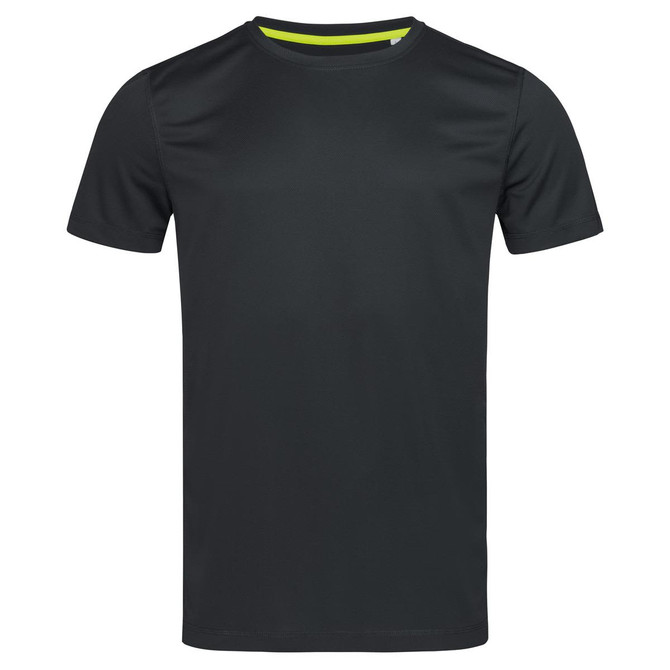 A dark green crew neck t-shirt with short sleeves, featuring a contrasting interior neckline and a logo.