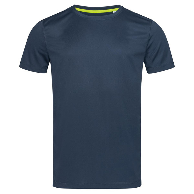 A navy blue crew neck t-shirt with short sleeves, featuring a contrasting inner neckline and a logo.