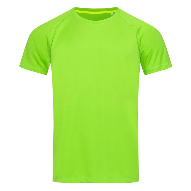 A vibrant lime green men's active T-shirt with a raglan design and short sleeves, featuring a logo.