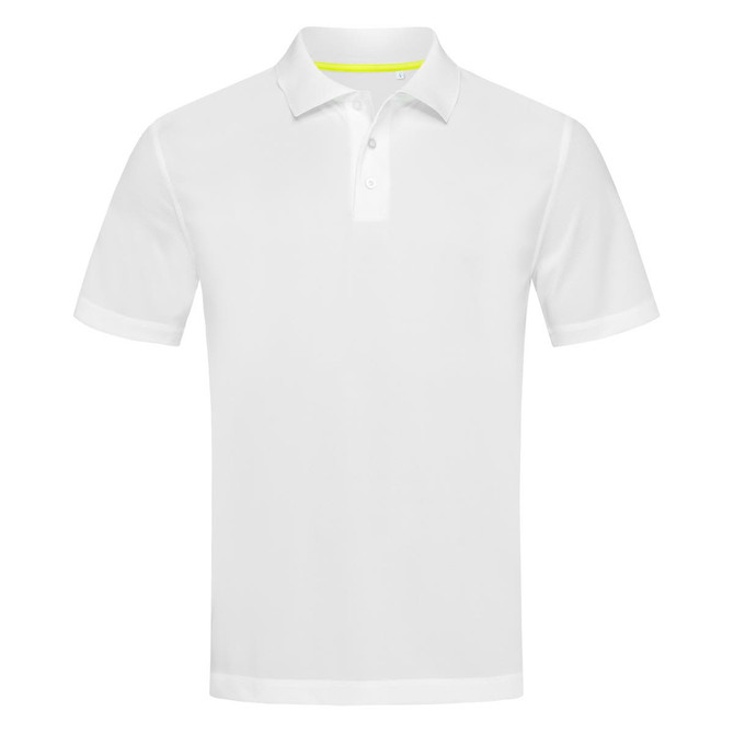 A white polo shirt featuring a collar and three buttons, with a green accent on the interior. Includes a logo.