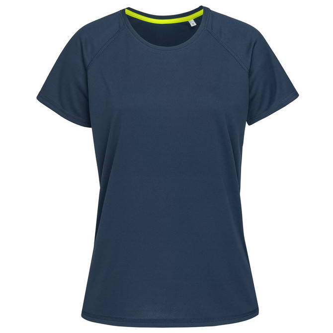 A dark navy blue women's t-shirt with a round neckline and short sleeves, featuring a subtle branding element.