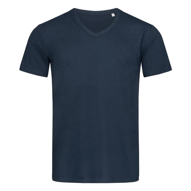A navy blue men's t-shirt with a V-neck design. The shirt features a small logo on the neckline.