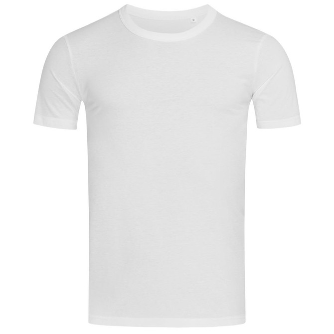 A plain white crew neck t-shirt with short sleeves. The shirt has a logo on it. 