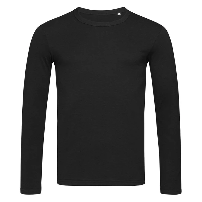A black long sleeve shirt with a crew neck and a small logo on the chest area.