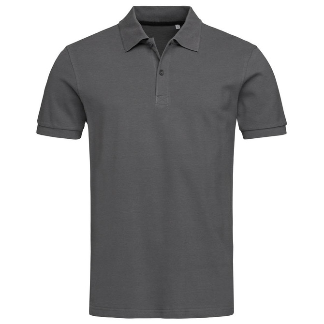 A dark grey polo shirt with a classic collar and short sleeves. It features a logo on the chest.