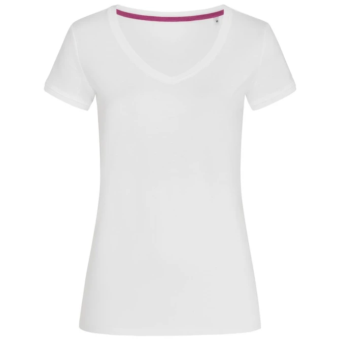 A white women's t-shirt featuring a V-neck design and short sleeves, with a hint of purple detail inside the neckline.