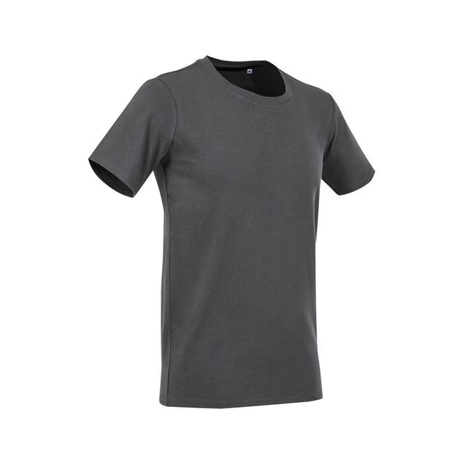 A grey crew neck t-shirt with short sleeves, featuring a logo on the chest.