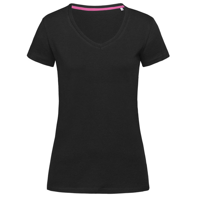 A black women's t-shirt with a V-neck design and short sleeves, featuring a pink accent on the neckline.