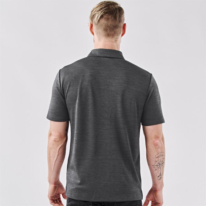 A men's polo shirt in dark grey, featuring a classic collar and a logo on the back.