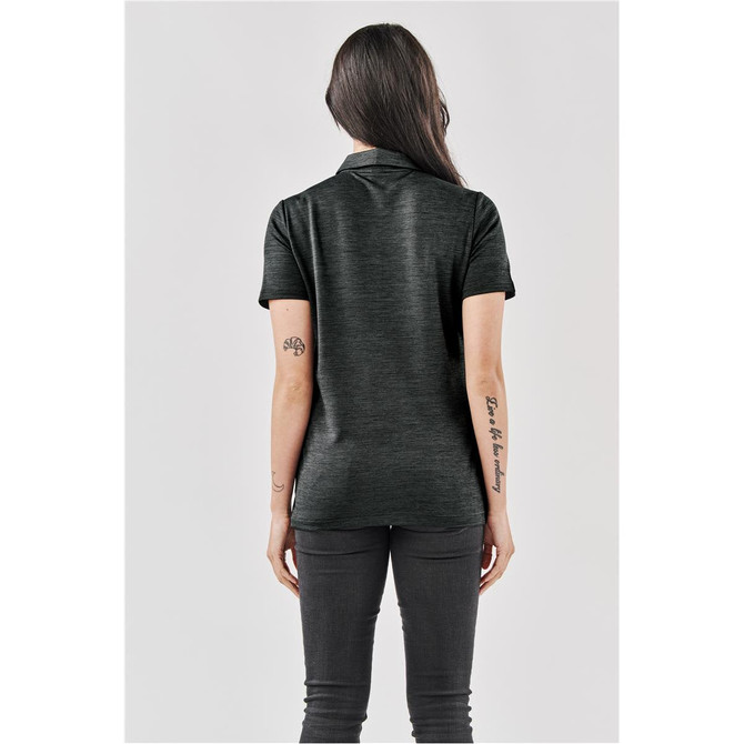 A dark grey women's polo shirt with a short sleeve design, seen from the back. The shirt features a subtle texture.