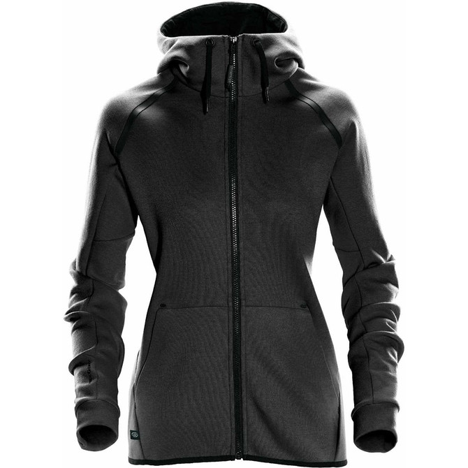 A women's hoody in charcoal grey with a zip front, featuring a hood and side pockets. It has a logo on it.