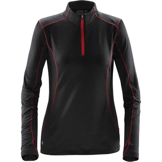 A women's black fleece pullover with red accents and a quarter zip, featuring long sleeves and a logo.