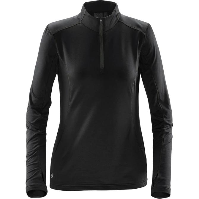 A women's black fleece pullover with a quarter zip and long sleeves, featuring a small logo on the hem.