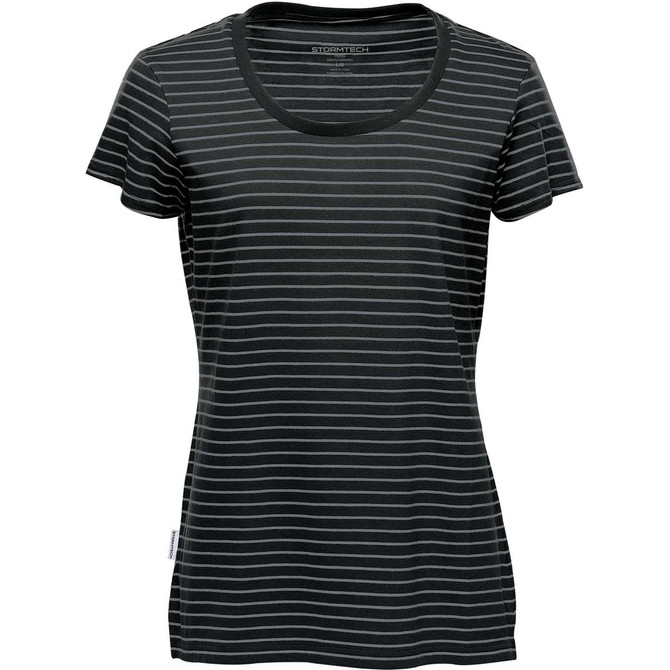 A women's crew neck t-shirt in black with horizontal stripes, featuring a logo. Short sleeves and a relaxed fit.