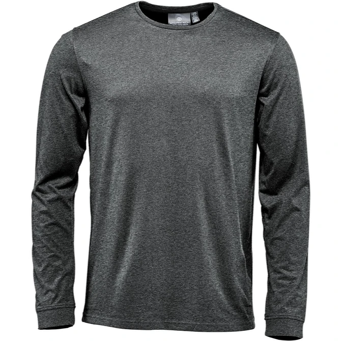 A long-sleeve T-shirt in a dark grey colour, featuring a simple design and a logo on the label.
