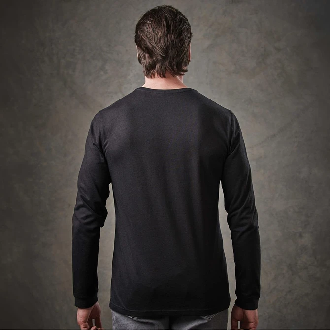 A long-sleeve black T-shirt displayed from the back, featuring a simple design and a fitted silhouette.