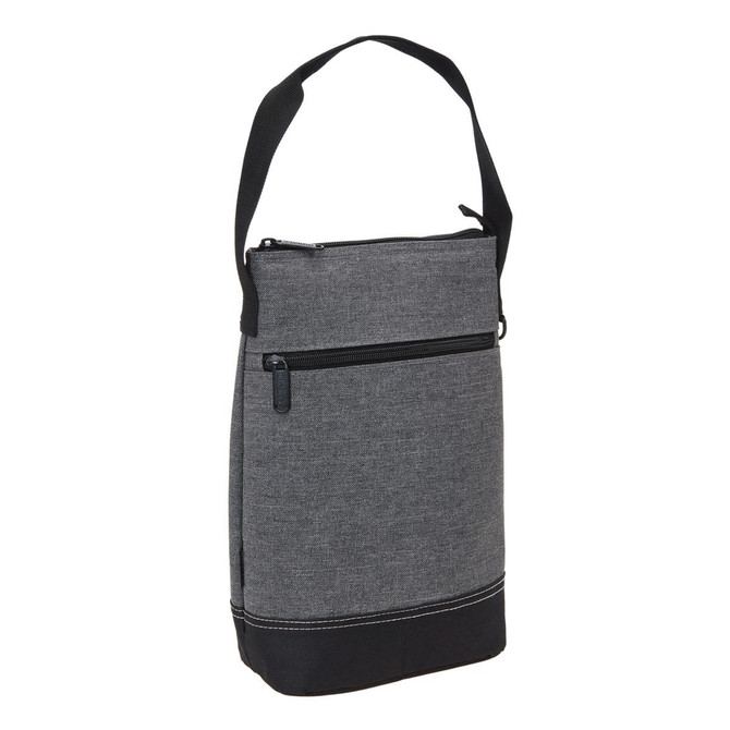 A drink bottle cooler featuring a grey fabric exterior with a black bottom and an adjustable shoulder strap.