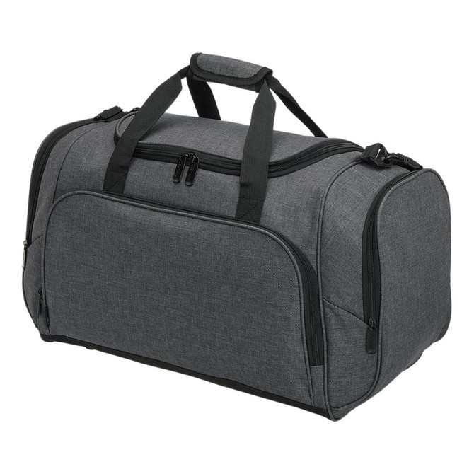 A grey duffle bag with dual handles and a shoulder strap, featuring multiple compartments and a logo.