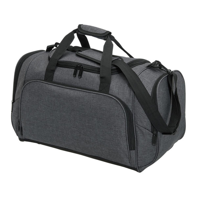 A grey duffle bag with dual handles and a removable shoulder strap, featuring a zippered compartment.