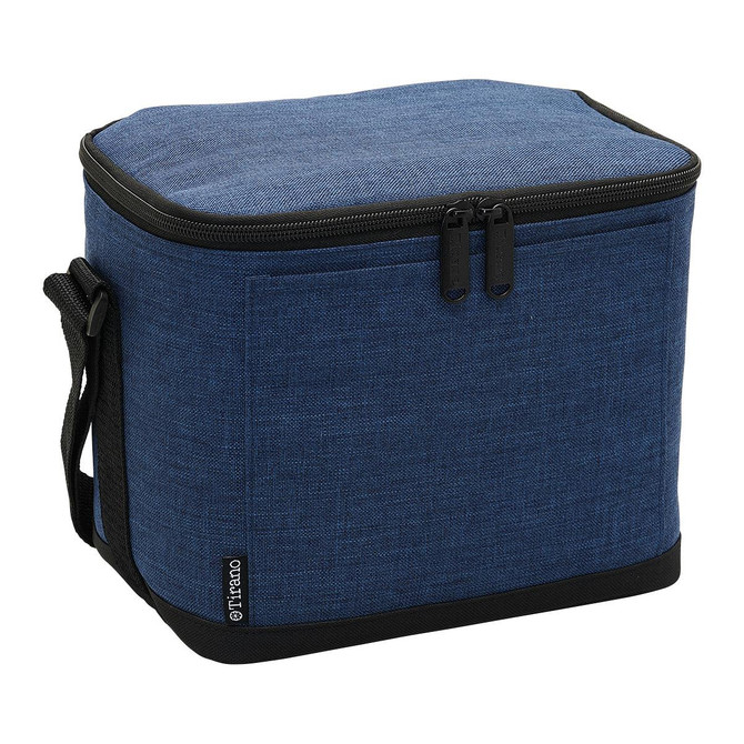 A blue cooler bag with a zippered top and a black trim, featuring a shoulder strap and a logo.